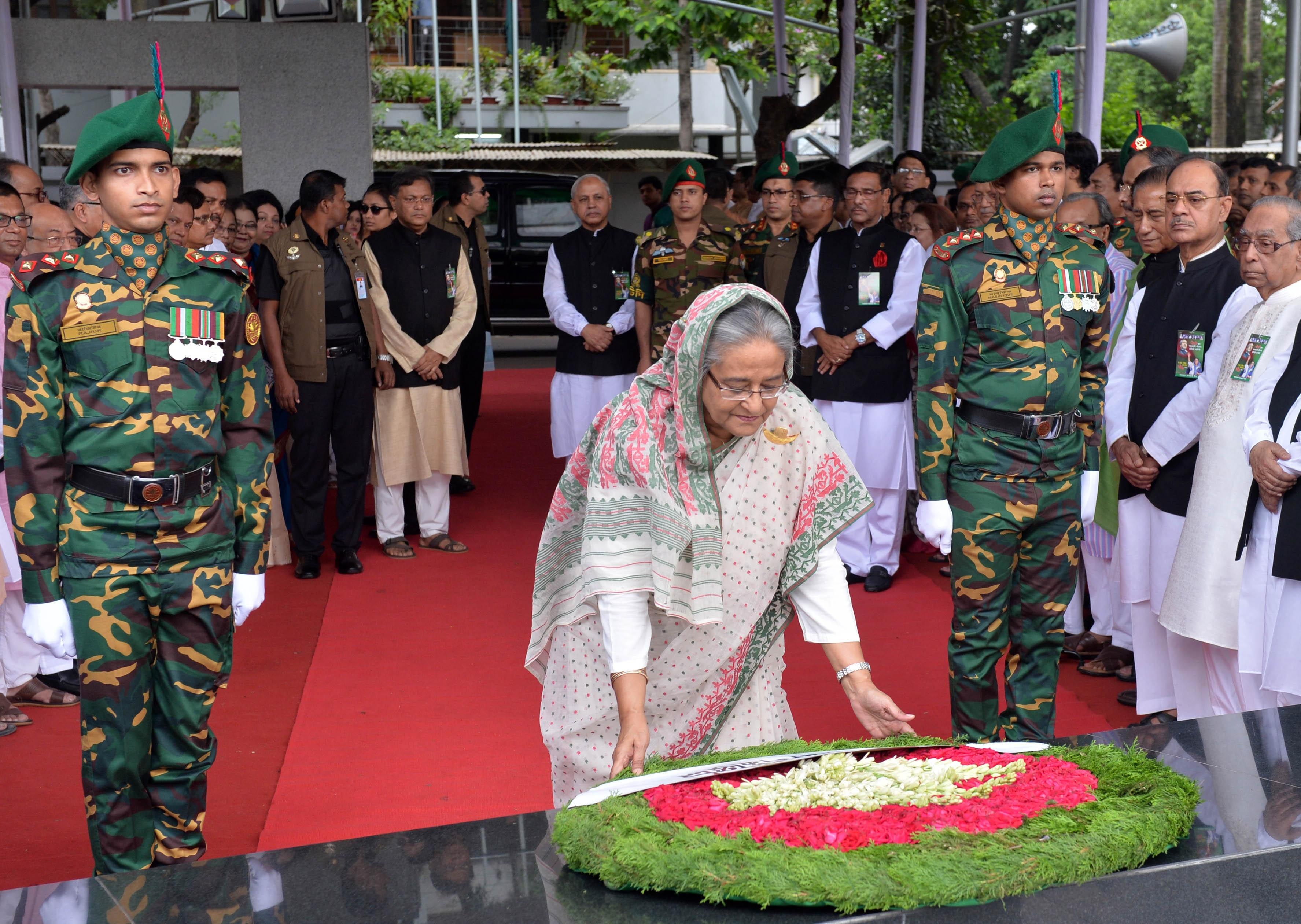 Sheikh Hasina pays tribute at the Sheikh Mujibur Rahman portrait, Dhaka